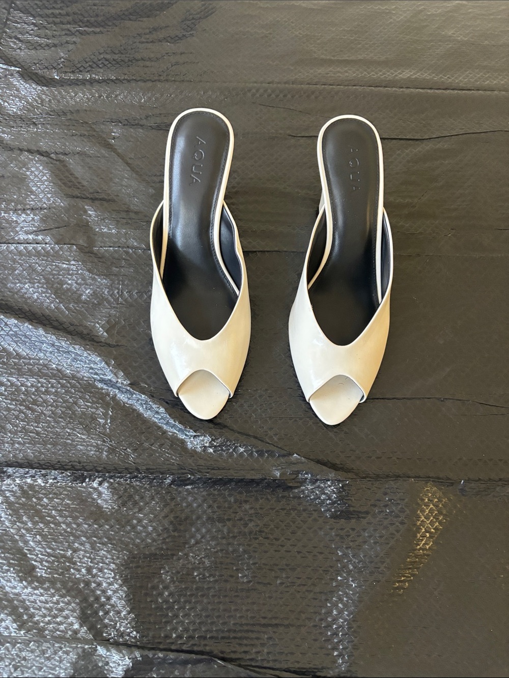 Aqua Cream Open-Toe Slide Mules with Black Footbed